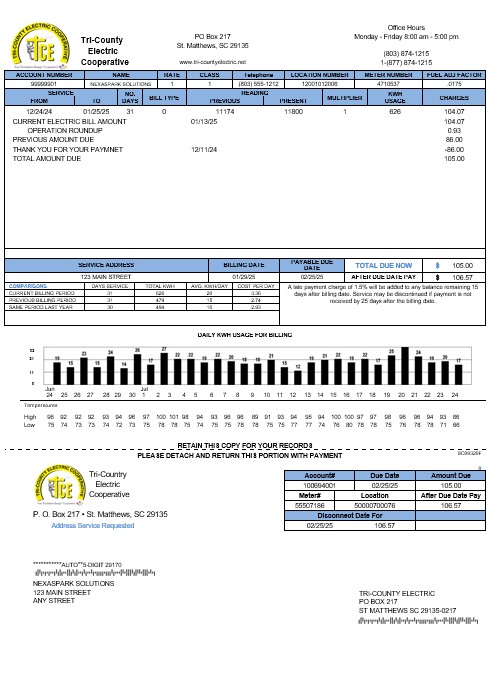 USA Tri County Electric Cooperative business utility bill template in Word and PDF formats